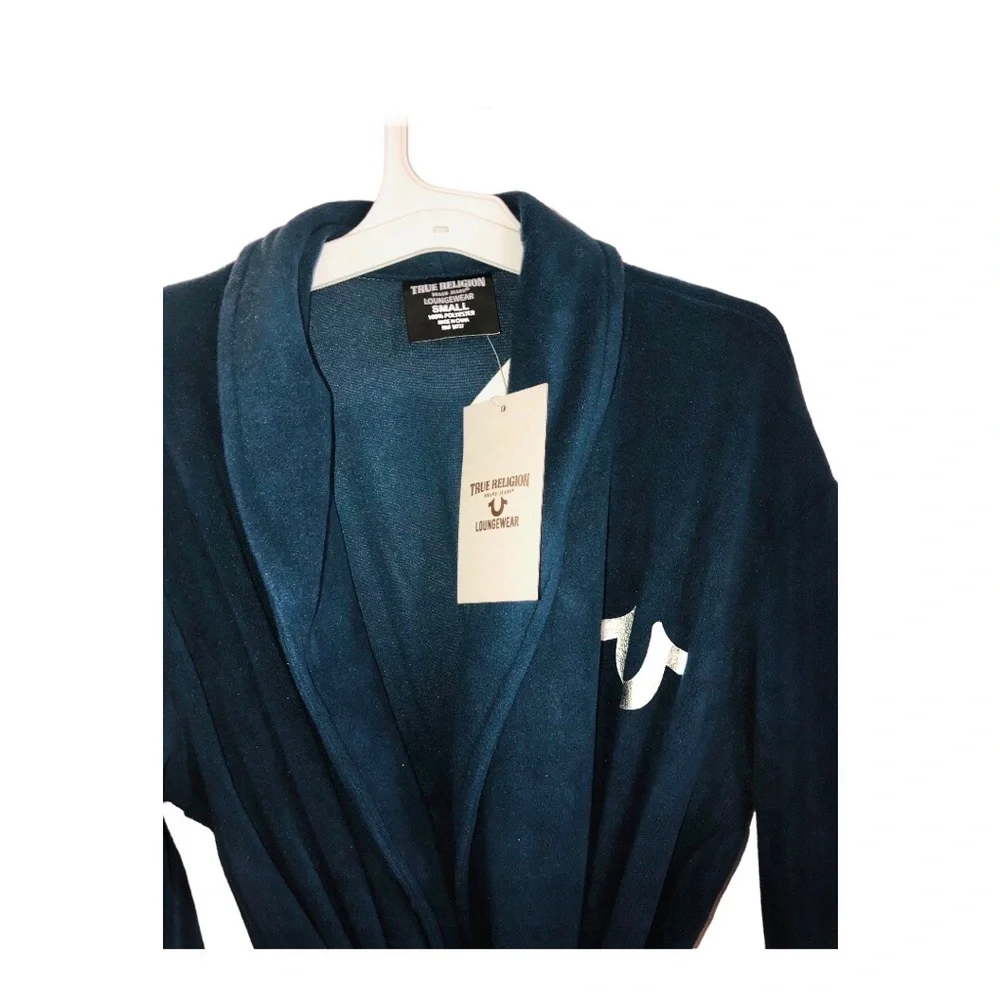 True Religion dark navy blue fleece silver logo lounge bath robe size small new‎